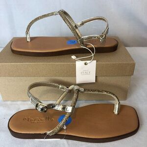 Mariella Womens Sandals Size 7.5 Tan/Gold bling Thong sling back Sandals NWB